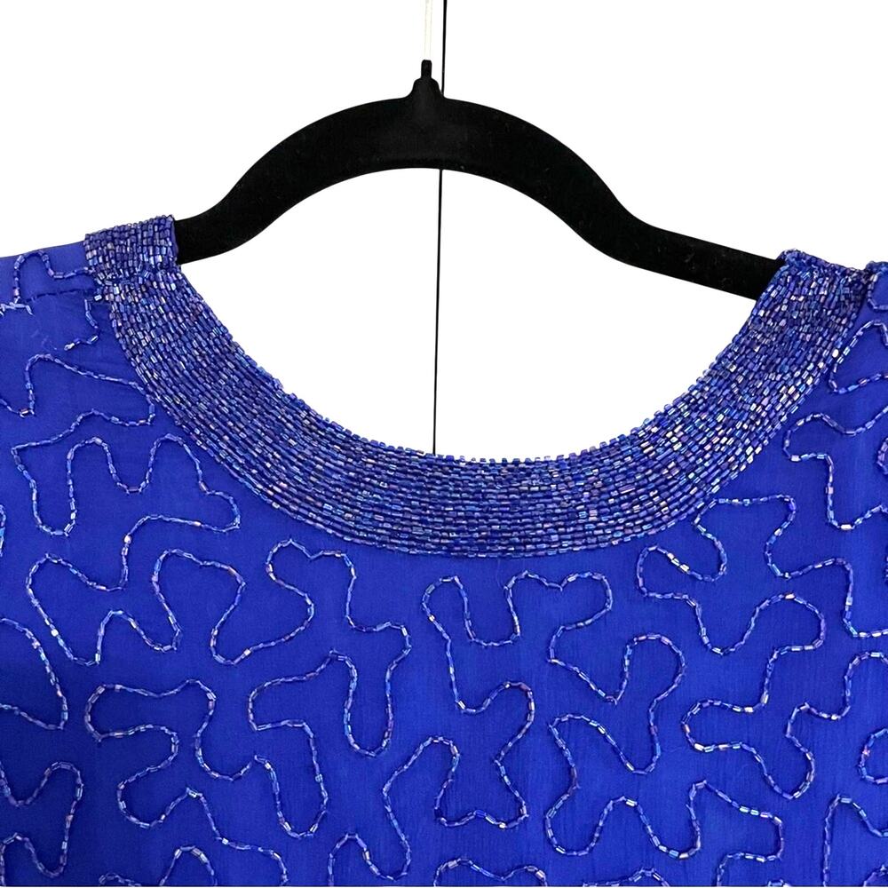 Allure Vintage Silk Beaded Royal Blue Textured Mini Dress 80s 90s - Picture 3 of 6
